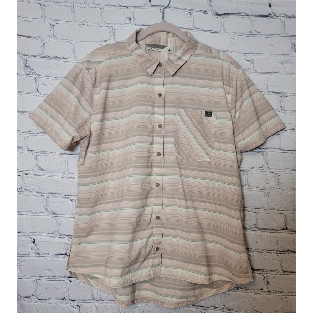 LL Bean Womens Large Short Sleeve Striped Hiking Shirt Pink Tan Nylon Travel